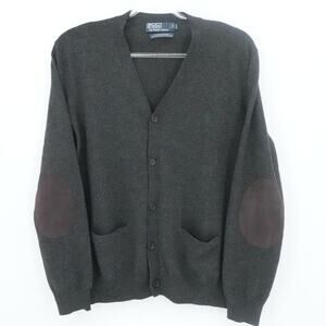 Polo Ralph Lauren Sweater Mens Large Charcoal Merino Wool Cardigan Elbow Patch